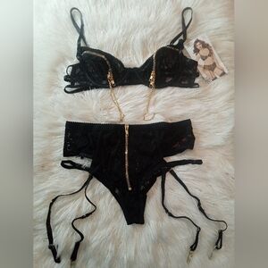 Black Lace Lingerie Set with Gold Zipper